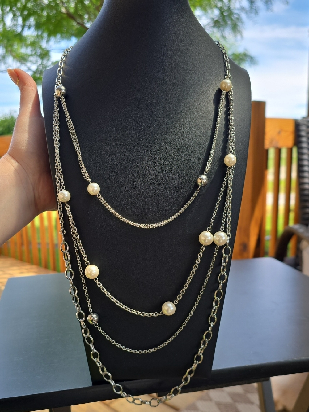Elegant Multi-Strand Silver Necklace with Faux Pearls